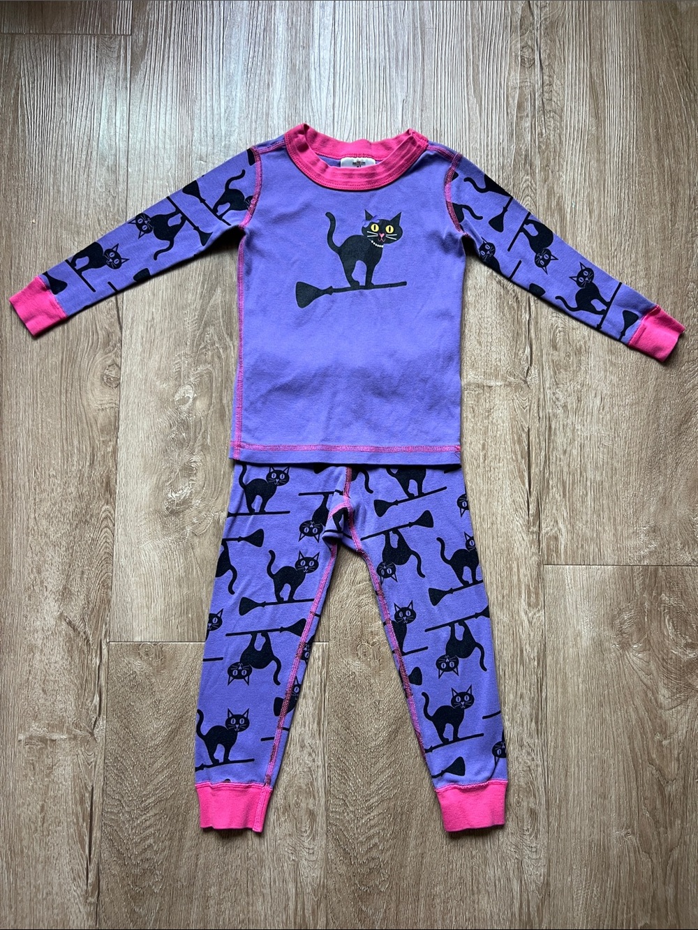 Hanna Andersson Purple Pajama Set with Pink Trim & Black Cat Print Size 3 (90cm)